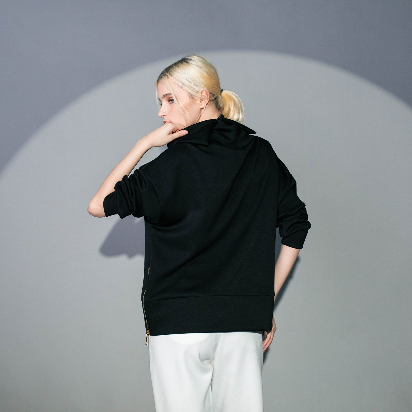 black long sleeves cowl top back detail with zipper detail on sides