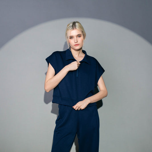 navy blue short sleeves collar zip crop top 