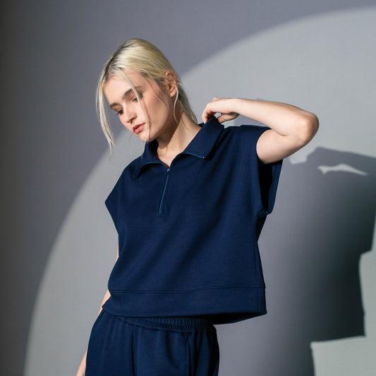 navy blue short sleeves collar zip crop top 