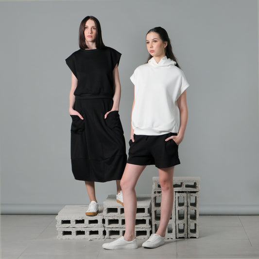 black short sleeves shirt top with black skirt and white short sleeves sweater top with hood and black shorts